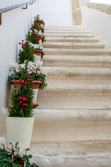 Close Up of Stone Stairs Decorated With Flowered Terracotta Pots. Locorotondo, South of Italy