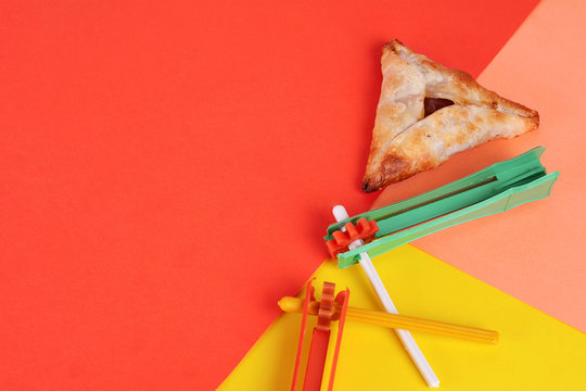 Purim Background With Party Costume And Hamantaschen Cookies