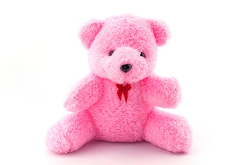 Foto op Canvas Pink teddy bear doll on white background © Siraphatphoto