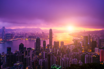 Hong Kong City skyline at sunrise. Hongkong skyscraper view from The peak