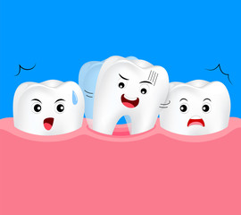 Baby tooth rocking. Dental care concept, illustration on blue background.