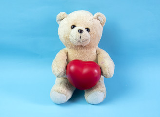 Little teddy bear , a valentine's gift for lover isolated on light blue background