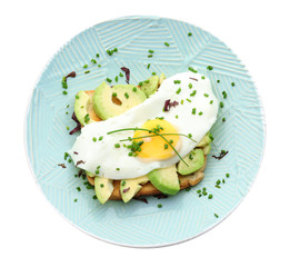 Plate with delicious nutrient toast on white background