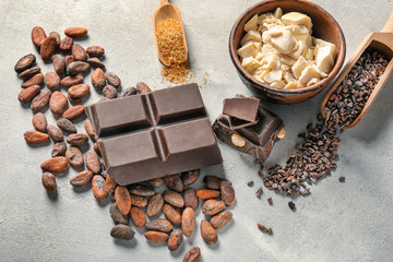 Composition with chocolate and cocoa products on table