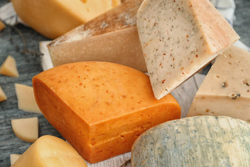 Variety of cheese on table, closeup