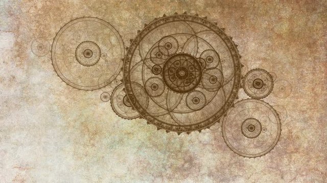 Old clock or ancient watch mechanism, animation of cogwheels and gears working together on grunge parchment, fantasy clockwork, abstract illustration, background with copy space, seamless loop