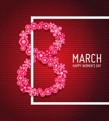 Women day background. 8 march women's day greeting card. Happy Women's Day.  Card for 8 March women's day. Knitted background with paper flower. Vector illustration.