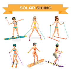 Set of women skiing in a bikini at the end of the winter resort 