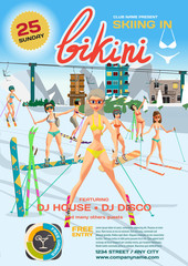 Vector spring sports party invitation. Women in a bikini ski and