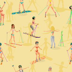 Seamless vector textile pattern with women skiing and snowboardi