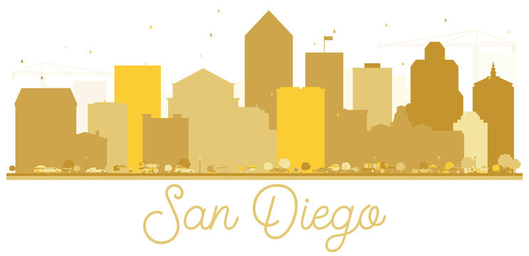 San Diego California USA City Skyline Golden Silhouette.