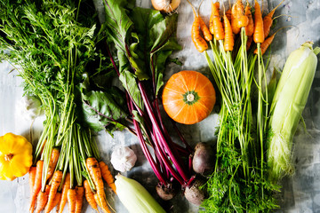 Composition from natural vegetables, top view, flat
