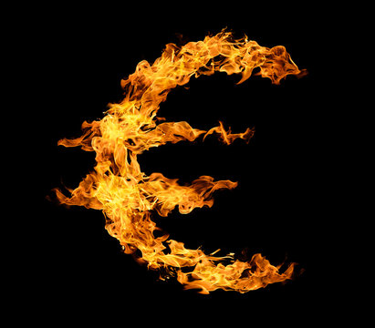 Euro sign from fire flame isolated on black background.