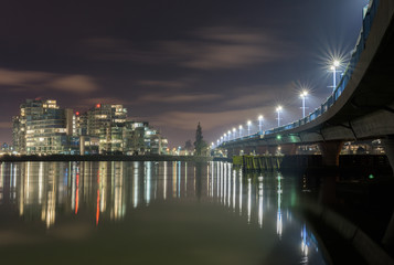 Fototapeta na wymiar No. 2 Road bridge at night in Richmond, British Columbia.