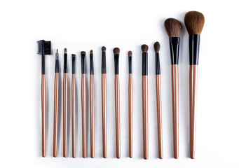 Professional makeup brush set on white background. Cosmetic equipment.