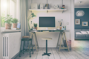 Skandinavisches, nordisches Arbeitszimmer mit einem Schreibtisch - Home Office - Büro - Heimarbeit - Retro Look
