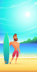 Surfer on tropical beach. Happy man standing sandy bay.