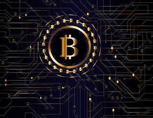 Golden bitcoin digital currency. vector illustration. Virtual symbols of the coin bitcoin. Crypto currency.