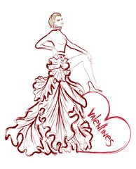 Fashion sketch Valentine's Day. Girl with hearts on a white background. Love background.