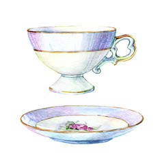 Beautiful vintage empty coffee cup on a saucer isolated on white background