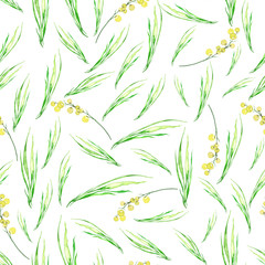 Watercolor seamless pattern, background. With a floral pattern. Green wild grass, branch, currant, plant. Yellow berries on a branch. On white isolated background.