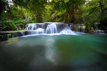 Smooth Waterfall in the Forest. Huay Mae Khamin Waterfall at Sri Nakarin National Park, Kanchanaburi  Province, Thailand.