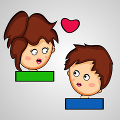 Illustration of girl and boy face with boxes for text for Valentine's Day