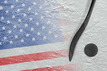 Naklejka premium Image of American flag and hockey stick with puck