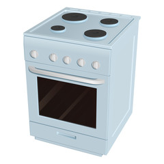 Электрическая кухонная плита с четыремя конфорками разного размера и духовкой, голубая эмалированная на белом фоне
