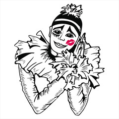 Hand drawn pierrot with kiss on the cheek. Isolated on white background. Vector - obrazy, fototapety, plakaty