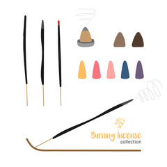 Set, collection of doodle vector burning incense isolated on white background.