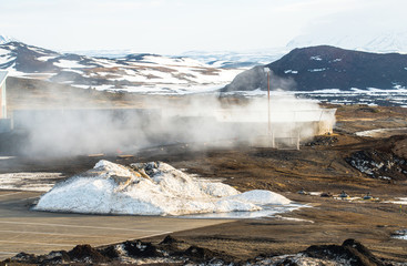 The scenery view of the landscape outside the Myvatn nature baths in Myvatn of Northern Iceland.