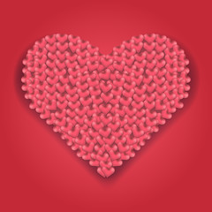 Big red heart made of hearts with shadow. Elegant love decorating symbol for Valentine's day greeting cards, 14 february celebrating posters, marriage and lovely events design