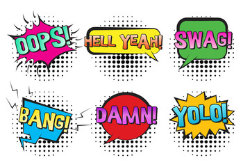 Bright contrast retro comic speech bubbles set with colorful gradiented SWAG, YOLO, BANG, DAMN text. Black outline balloons with halftone shadow in pop art style for advertisement, comics book design