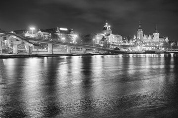 Black and white picture of Szczecin (Stettin) City skyline at night, Poland.