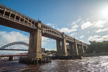 Quayside along Tyne River, High Level Bridge and Tyne Bridge in Newcastle, England