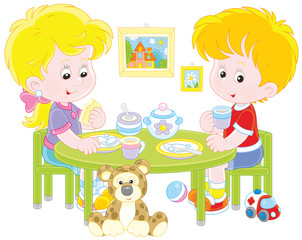 Little children at breakfast in their nursery, a vector illustration in funny cartoon style