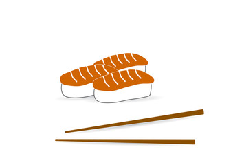 Sushi and roll with chopsticks on white background, color logo template. Monochrome Japanese cuisine