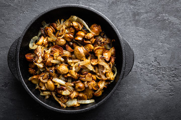 Mushrooms fried with onion, top view