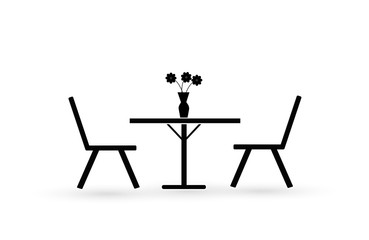 Design of a black flat icon of a street cafe is a table and two chairs, a vase of flowers. Love and romance.