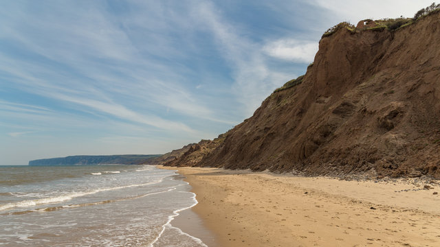 Beach and sandstones at the Reighton Sands in Hunmanby Gap, North Yorkshire, UK