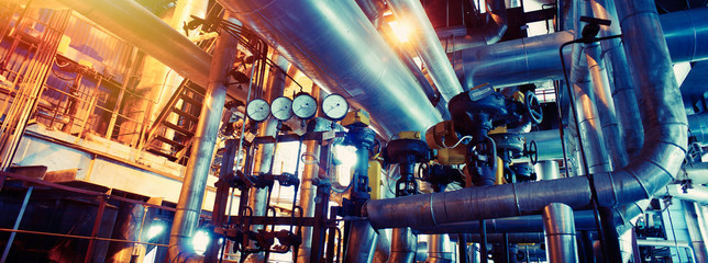 Fototapeta Industrial zone, Steel pipelines, valves and pumps obraz