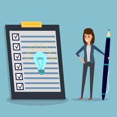 checklist, businesswoman, pen, idea bulb