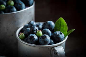 Delicious blueberry in the old metal mug