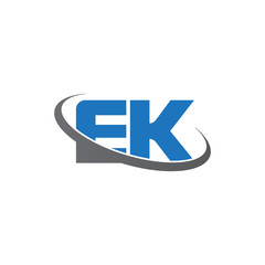 Initial letter EK, overlapping swoosh ring logo, blue gray color