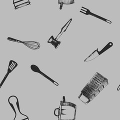 Cooking utensils and kitchen tools - seamless background doodle vector.