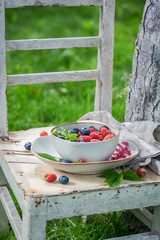 Juicy blueberries and raspberries in the summer garden © shaiith