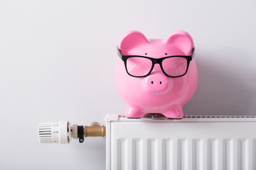 Thermostat And Piggy Bank With Eyeglasses On Radiator