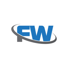 Initial letter FW, overlapping swoosh ring logo, blue gray color