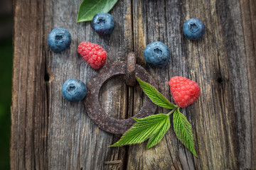 Freshly harvested blueberries and raspberries on old wooden rustic table
